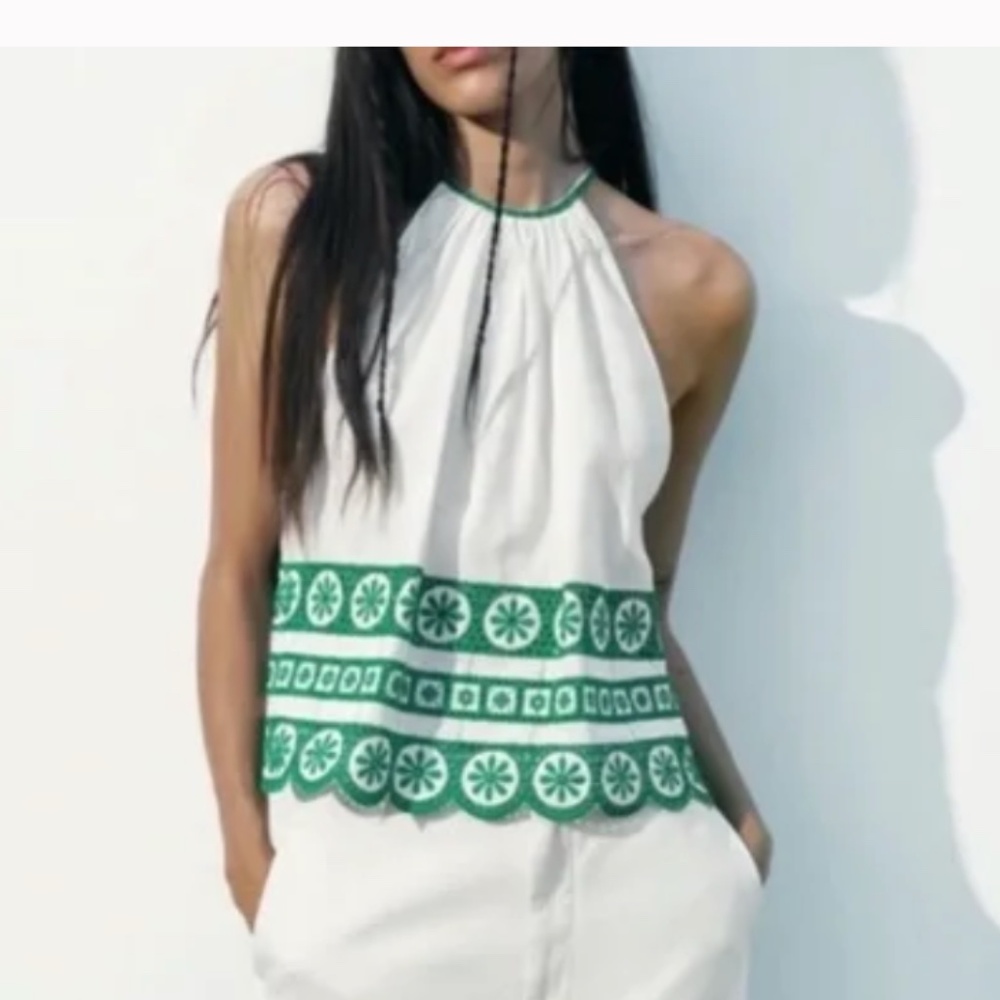 NWT Zara White and Green Linen Embroidered top
